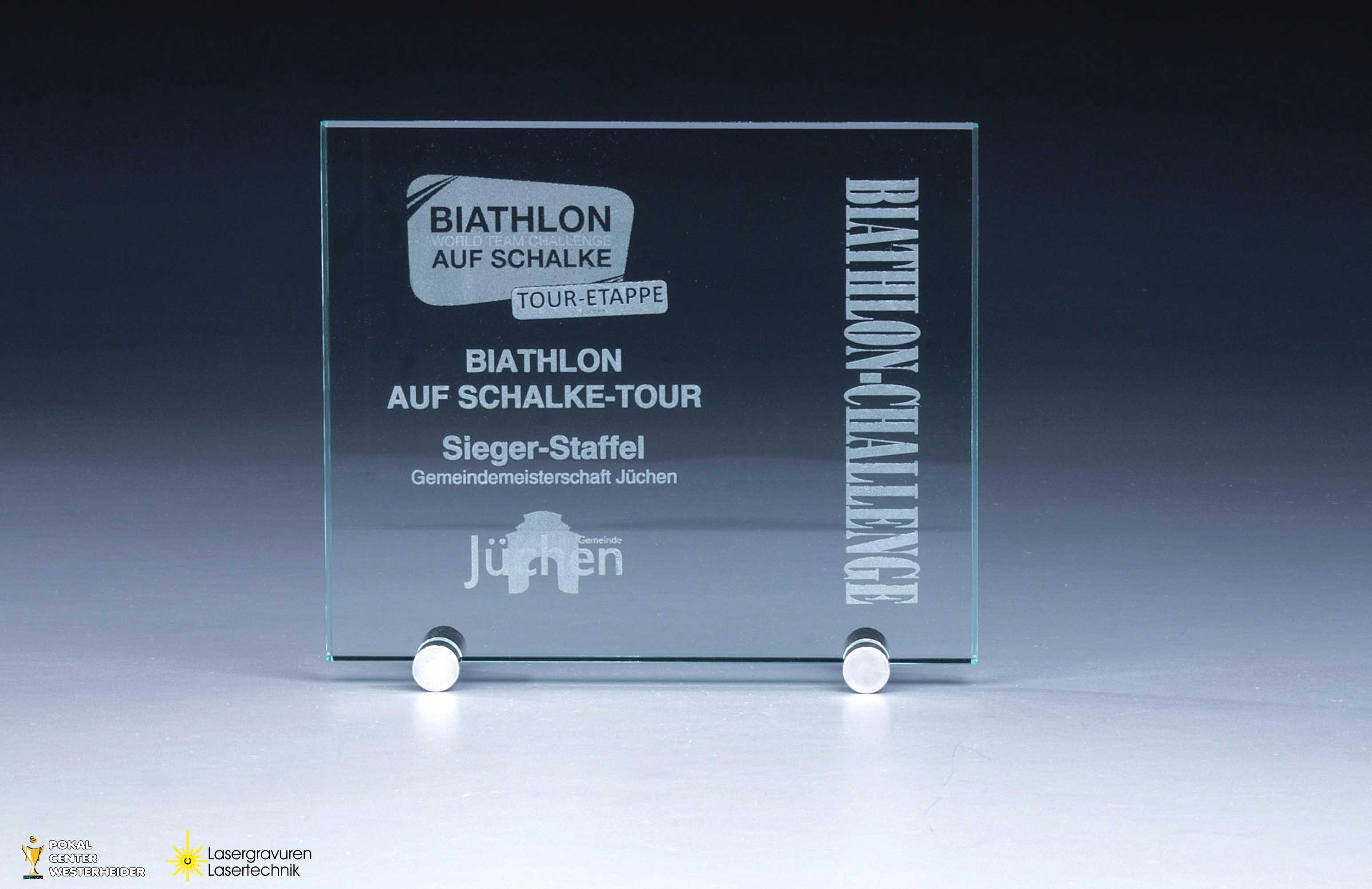 günstige Glastrophäe mit Metallhalterungen 
